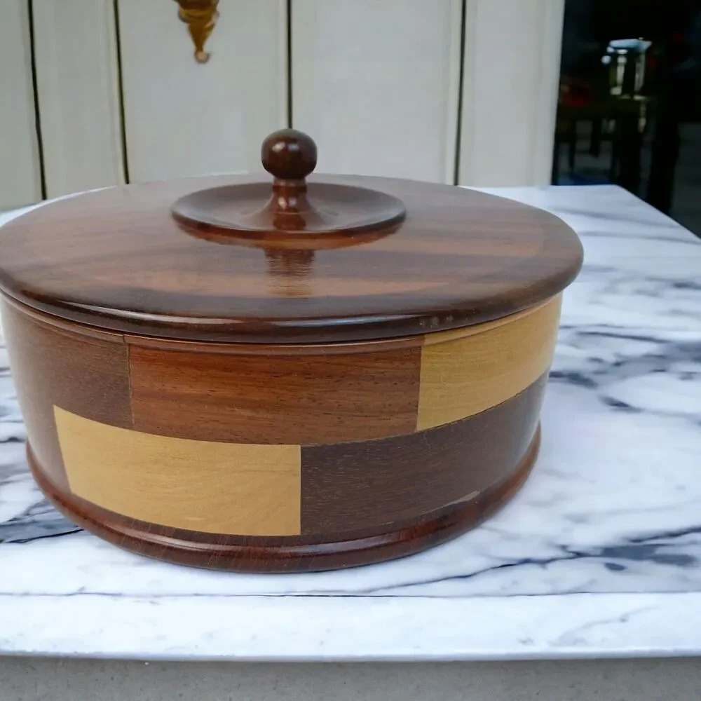 Wooden Box Hand Turned Marquetry Inlaid Various Woods Round Jewelry Storage